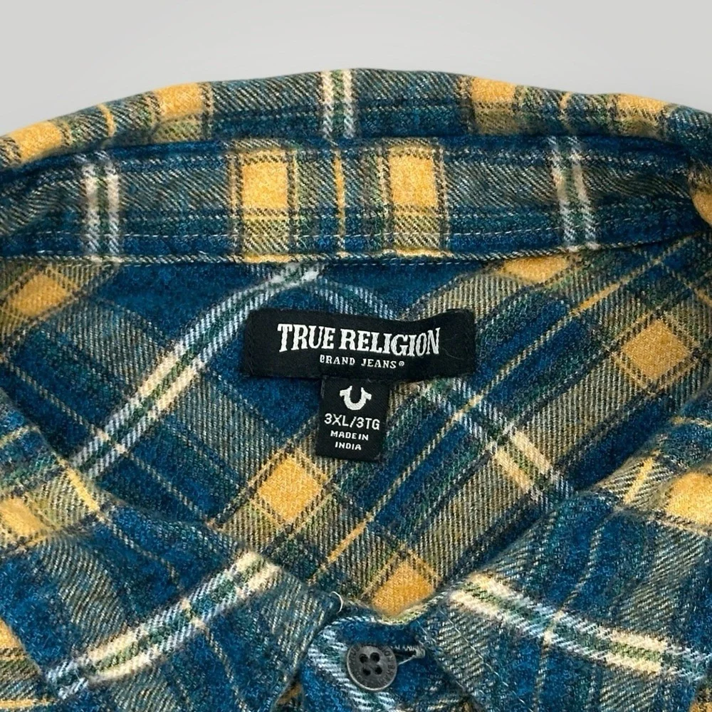 True Religion Plaid Flannel Shirt‎ Mens 3XL Western Horseshoe Logo Long Sleeves